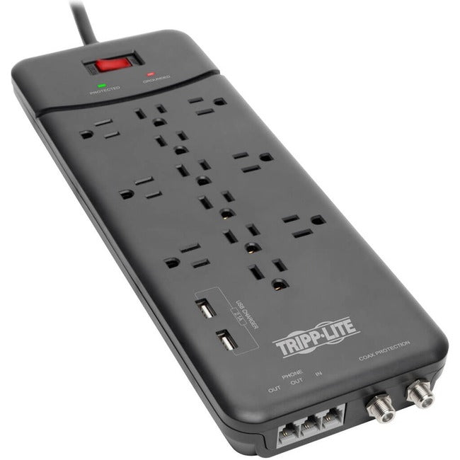 Tripp Lite Surge Protector Power Strip 12 Outlets, 2 USB Charging Ports Tel-Modem-Coax