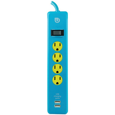 4-Outlet Power Strip with 2 USB Ports, 4ft Cord (Blue & Yellow)