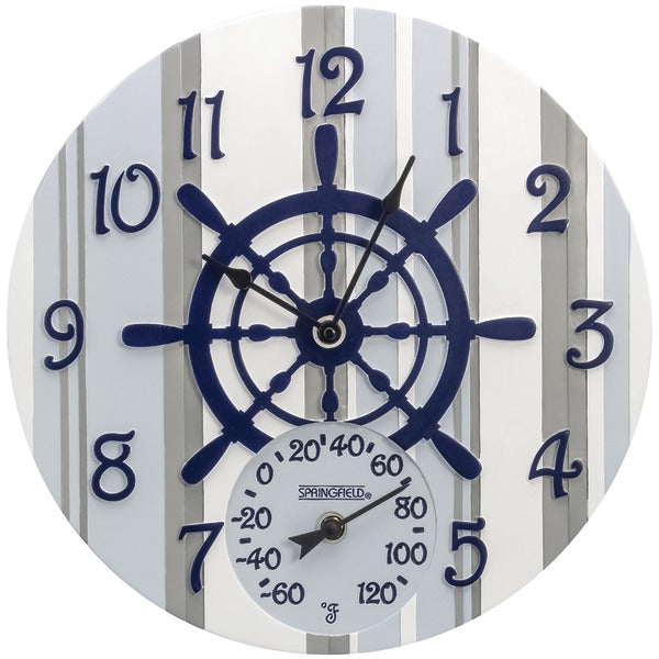 14" Poly Resin Clock with Thermometer (Captain's Wheel)