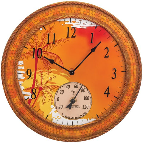 14" Poly Resin Clock with Thermometer (Mosaic Palms)