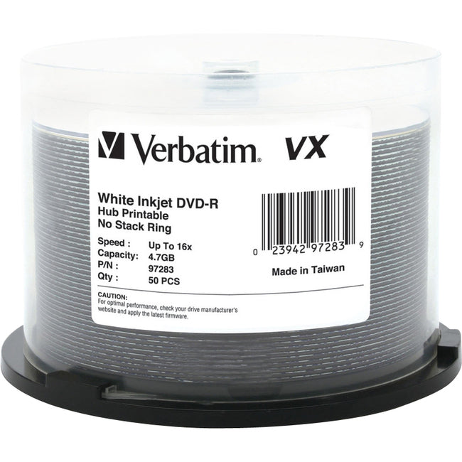 Verbatim DVD-R 4.7GB 16X VX White Inkjet Printable, Hub Printable - 50pk Spindle